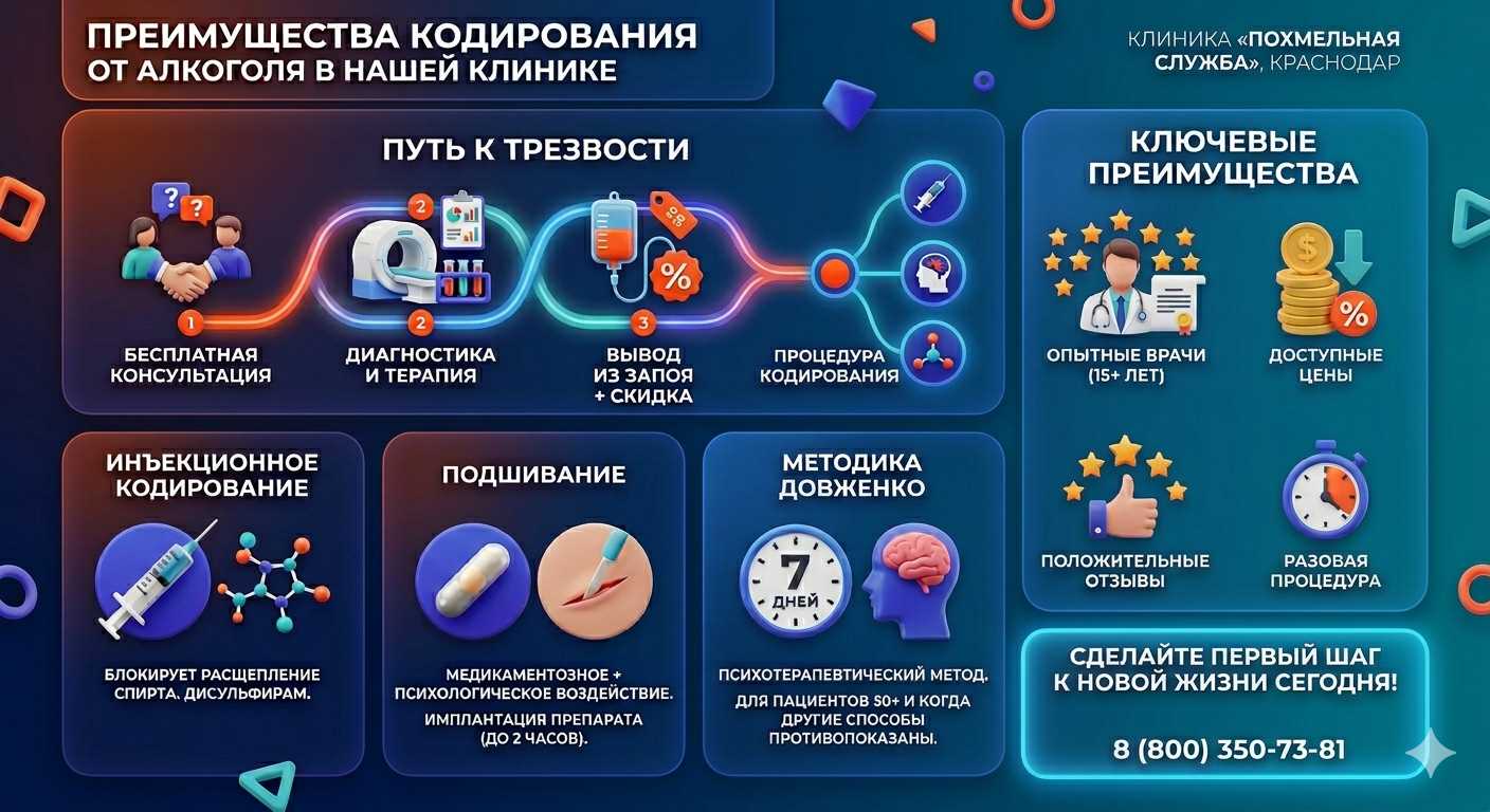 Инфографика о методах кодирования от алкоголя в Николаевке: инъекции, подшивание, метод Довженко. Преимущества клиники и этапы лечения.